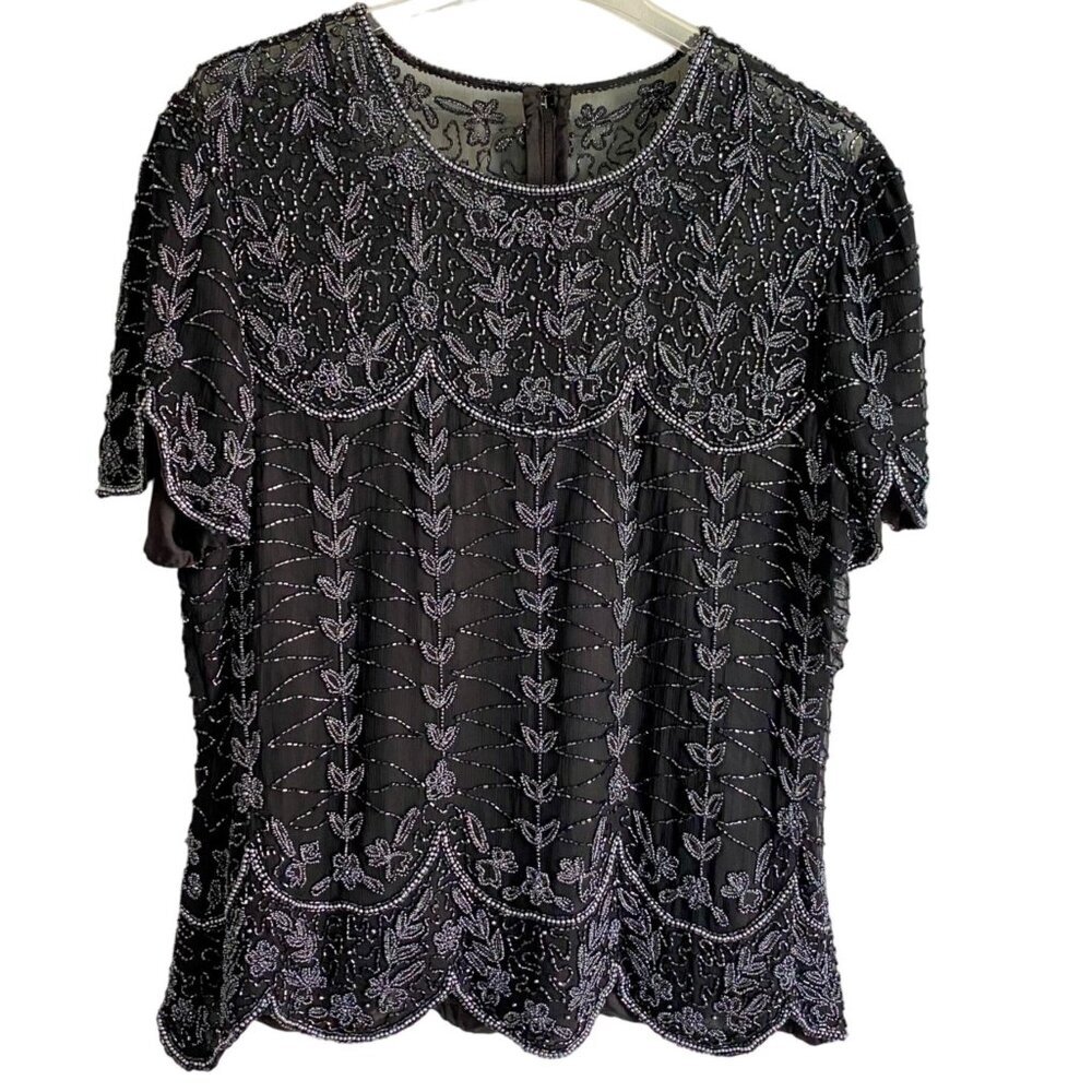 Black Heavily Beaded Short Sleeve Blouse with Scalloped Hem Women's Medium